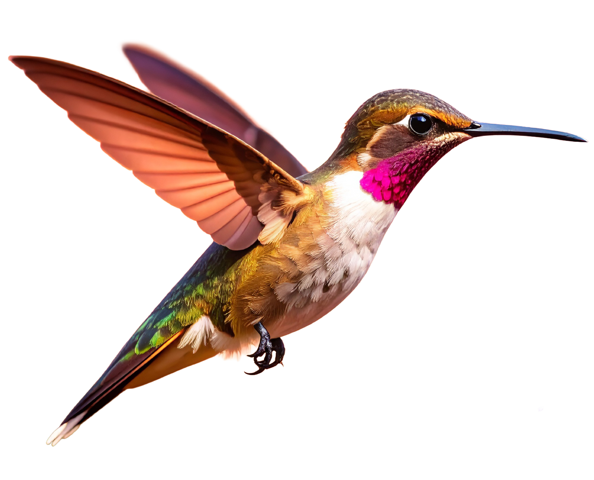 A digitally manipulated image of a hummingbird with pink and brown wings, colorful feathers, and a vibrant pink throat patch, isolated on a transparent background.