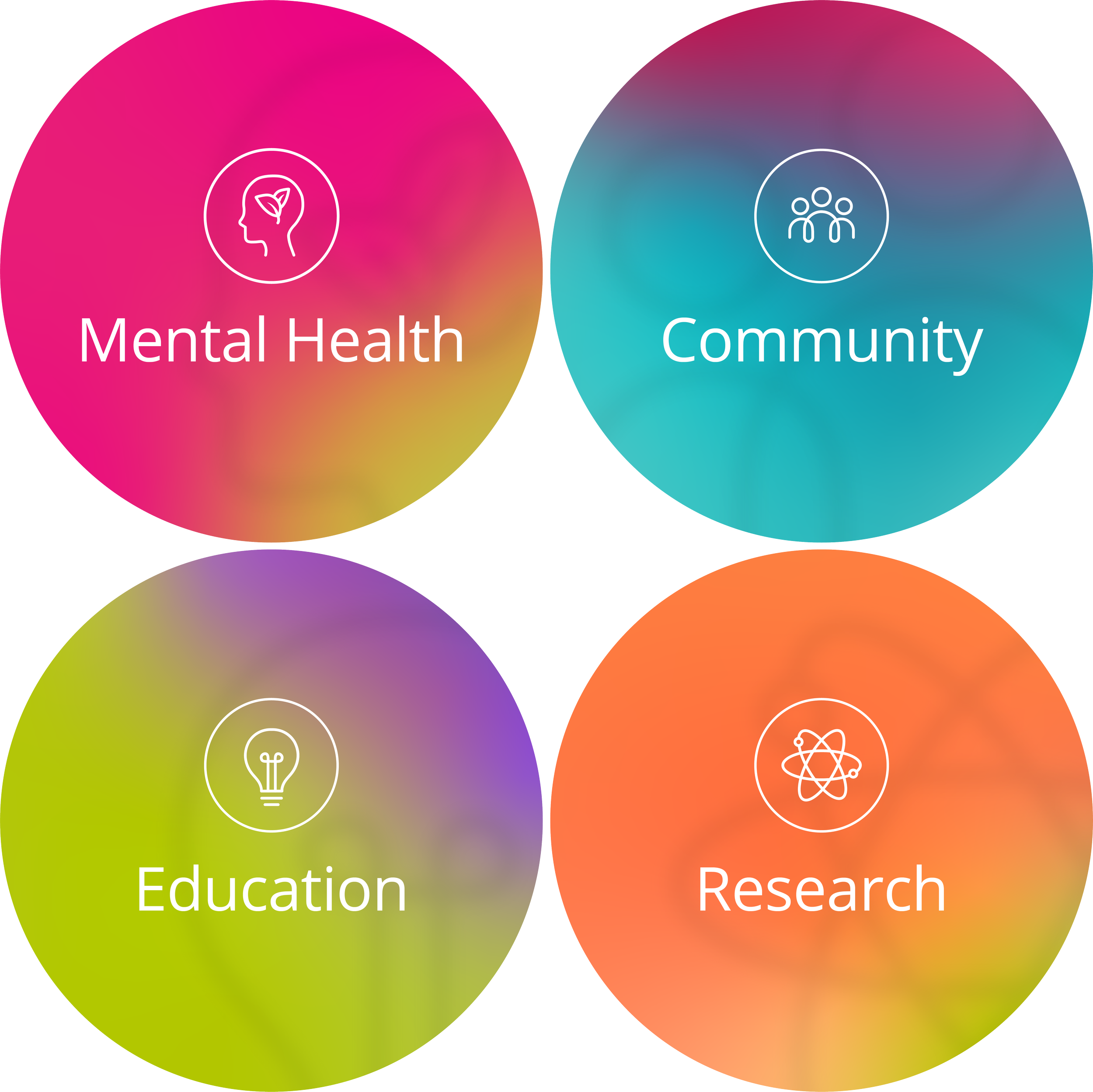Focus Areas — A colorful graphic with four overlapping circles labeled Mental Health, Community, Education, and Research, each with an icon representing the respective category.