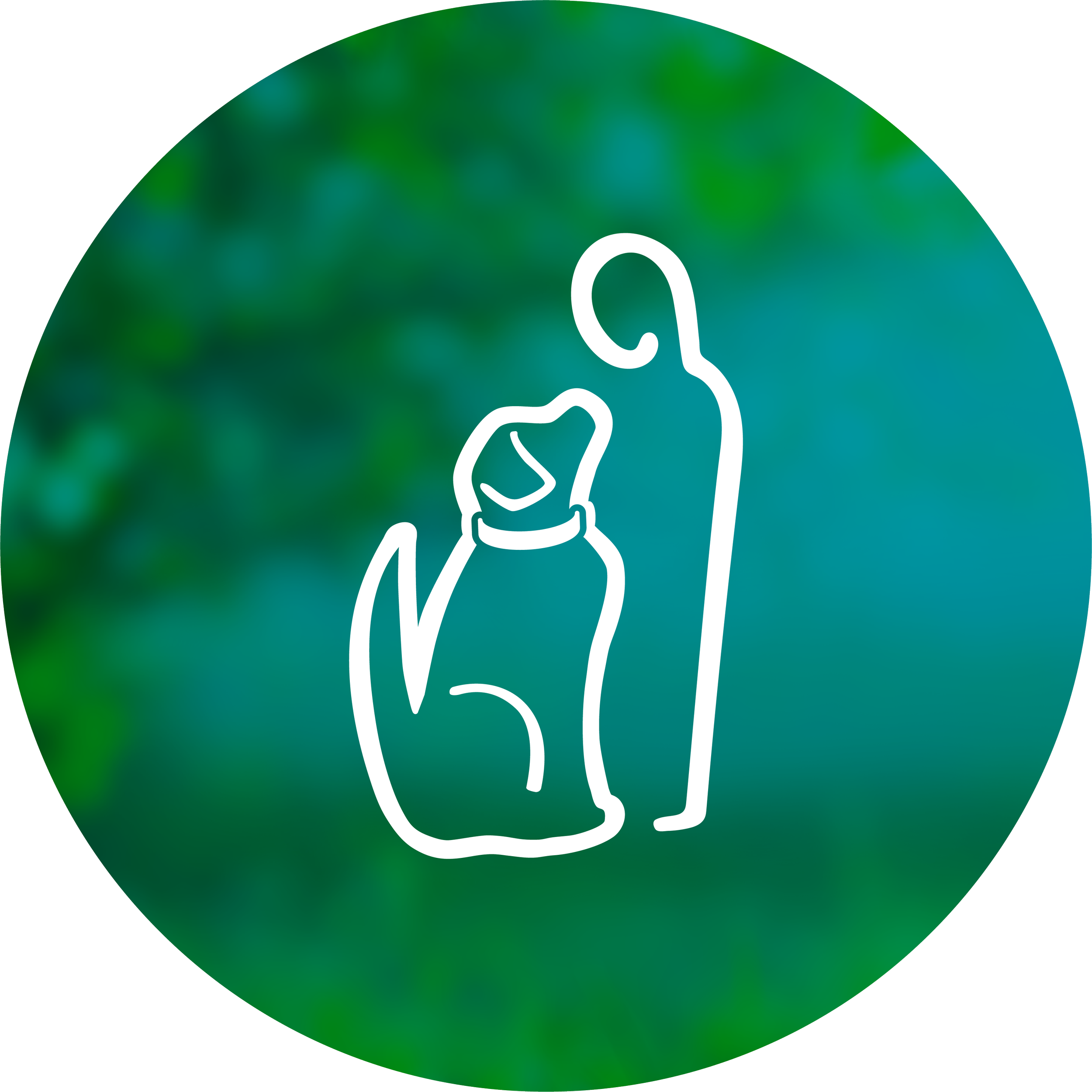 Pawisitive Impact - logo - A minimalist white line drawing of a person holding a suitcase and an umbrella, set against a blurred green and blue outdoor background.