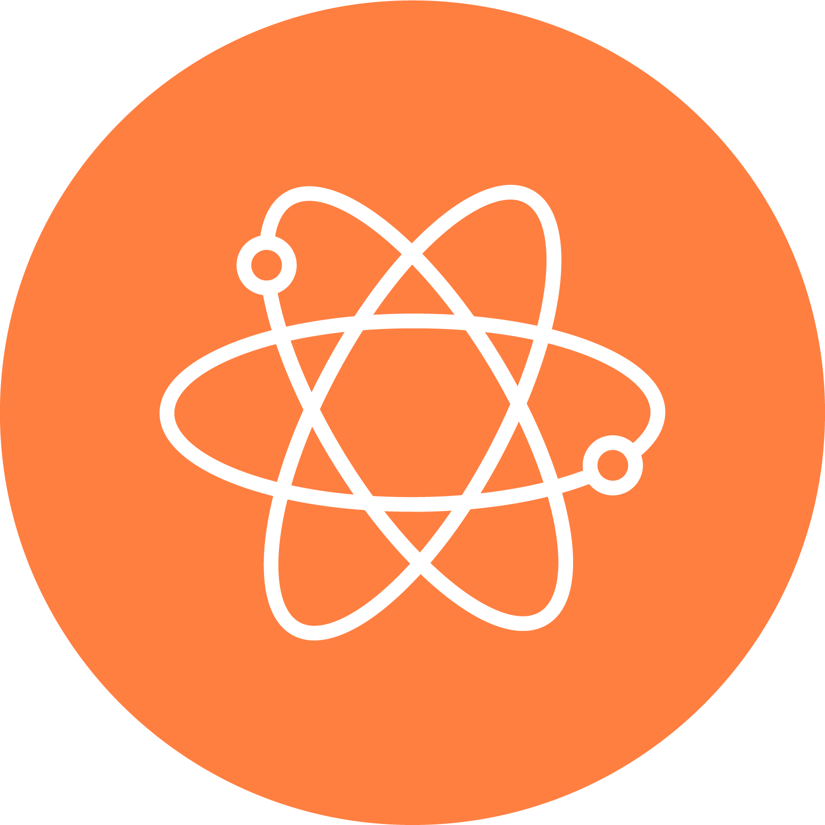 Research - Icon of an atom with orbiting electrons on an orange circular background.