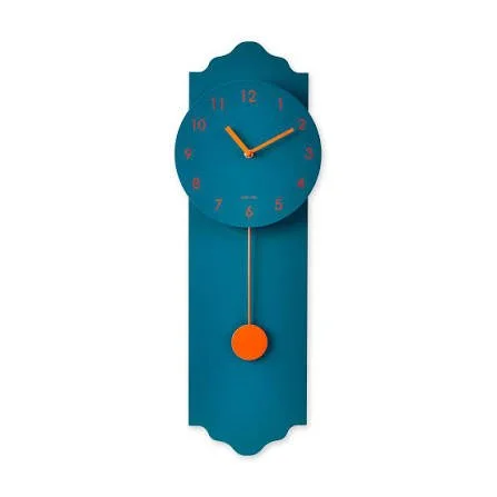 A blue vintage wall clock with orange hands and pendulum, showing the time as approximately 10:08.