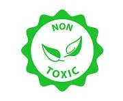Eco-friendly non-toxic label with green leaves and text