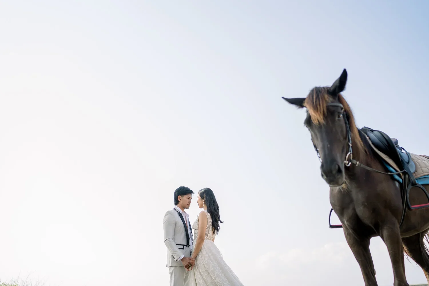 A couple dressed in wedding attire holding hands and gazing at each other, with a horse nearby against a clear sky.