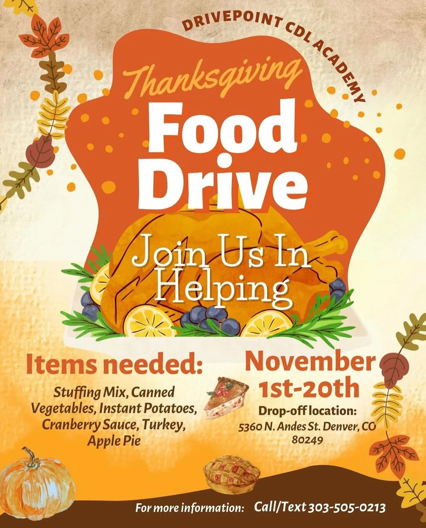 It’s safe to say that this holiday season is going to be rough for a lot of people. Help us make this Thanksgiving a little brighter! 🦃 
DrivePoint CDL Academy is hosting a Thanksgiving Food Drive from November 1st–20th!
We’re coll