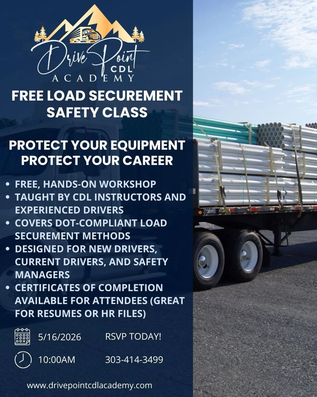 DrivePoint CDL Academy is hosting a free load securement class in May! Learn proper tie-down techniques, safety basics, and common mistakes that lead to violations or cargo loss. Great for drivers, contractors, fleets, and anyone hauling equipment or
