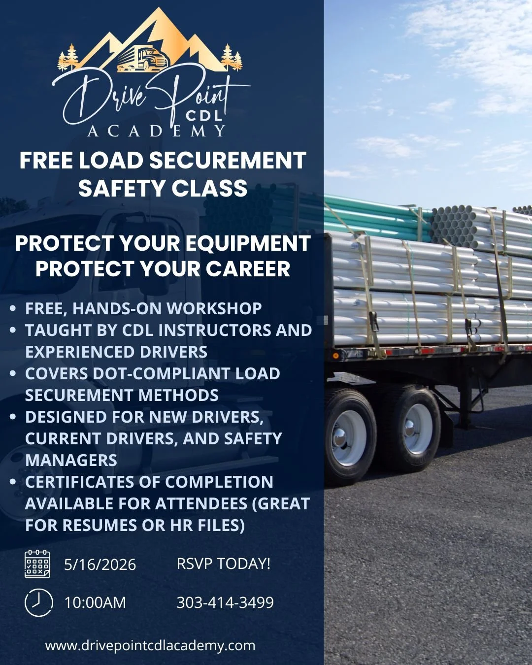 Flyer for Drive Point CDL Academy promoting a free load securement safety class. The background shows a truck loaded with pipes on a road, with a blue sky and some clouds.