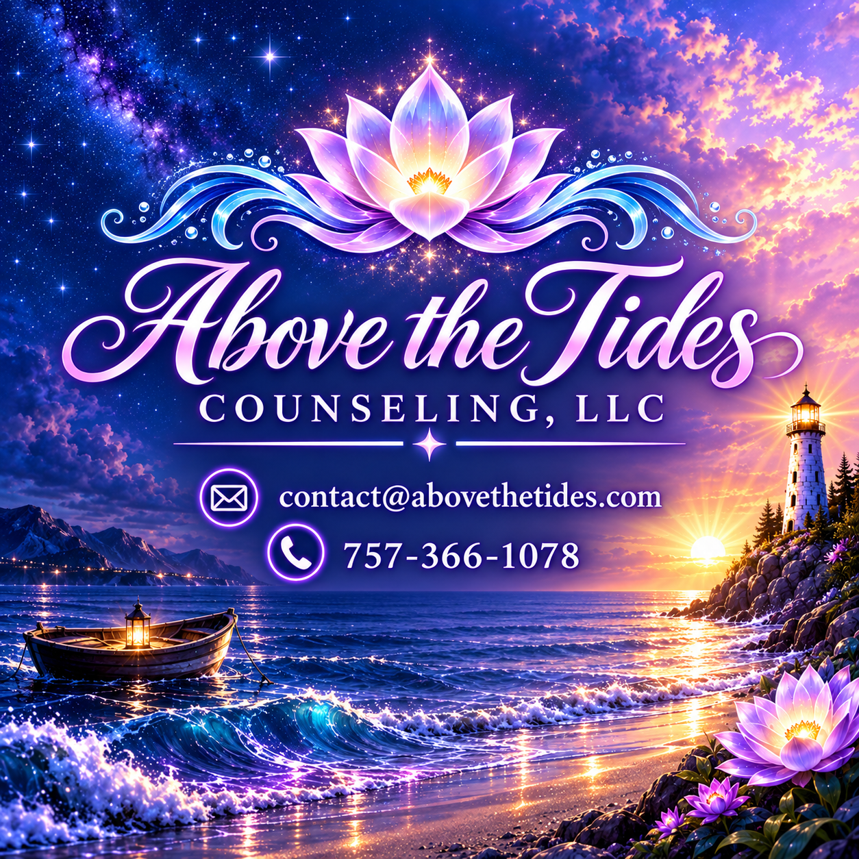 A colorful, mystical sunset over a lake with mountains, a lighthouse, a boat, and blooming lotus flowers. Text promotes 'Above the Tides Counseling, LLC' with contact information.
