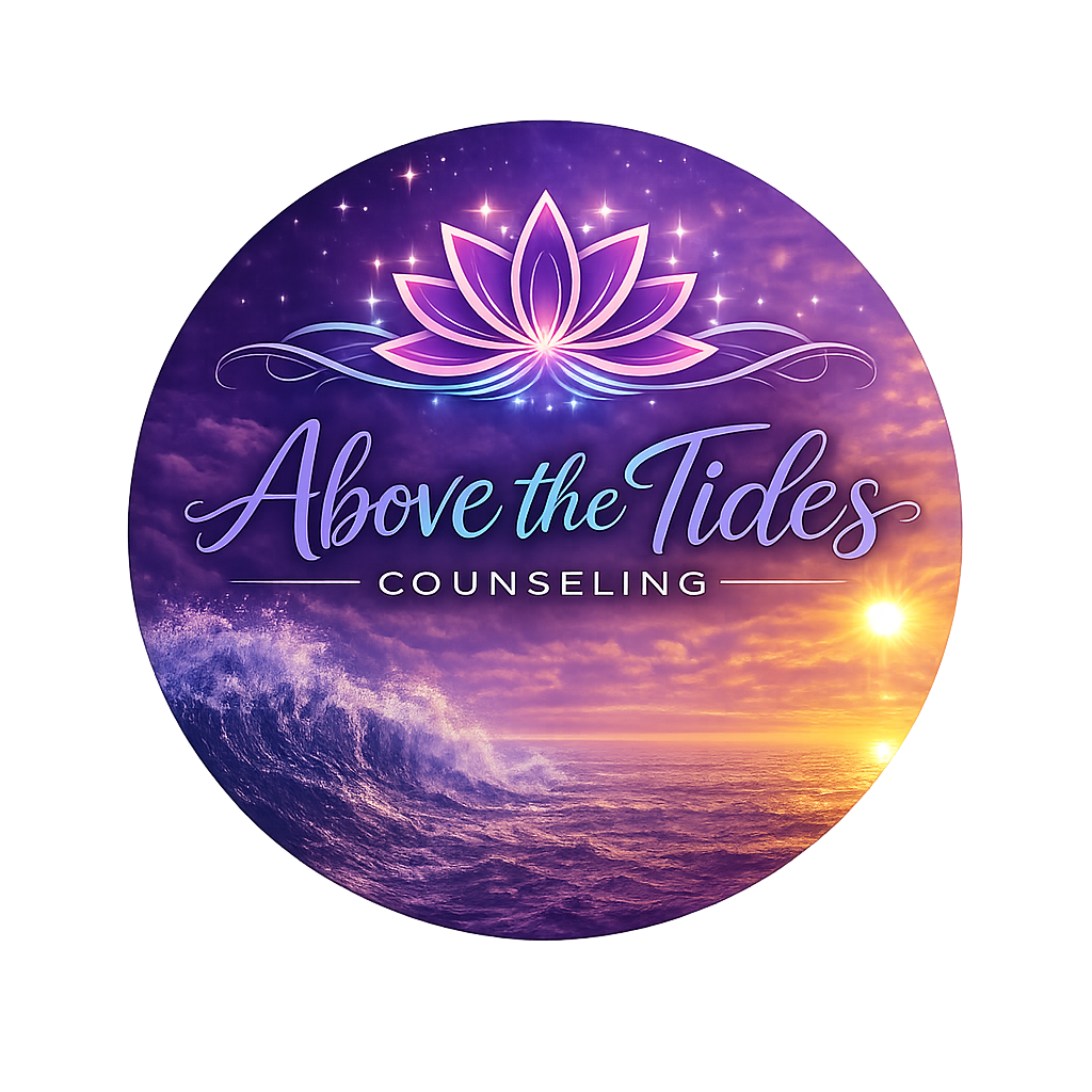 Logo for Above the Tides Counseling featuring a stylized lotus flower, a sunset over the ocean, and a purple and pink sky background.
