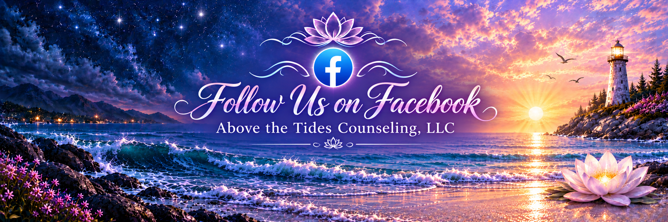 A digital illustration of a sunset over the ocean with a lighthouse on a rocky shore, blooming flowers, mountains, a starry sky, and seagulls. Overlaid with text prompting to follow a Facebook page for Above the Tides Counseling, LLC.