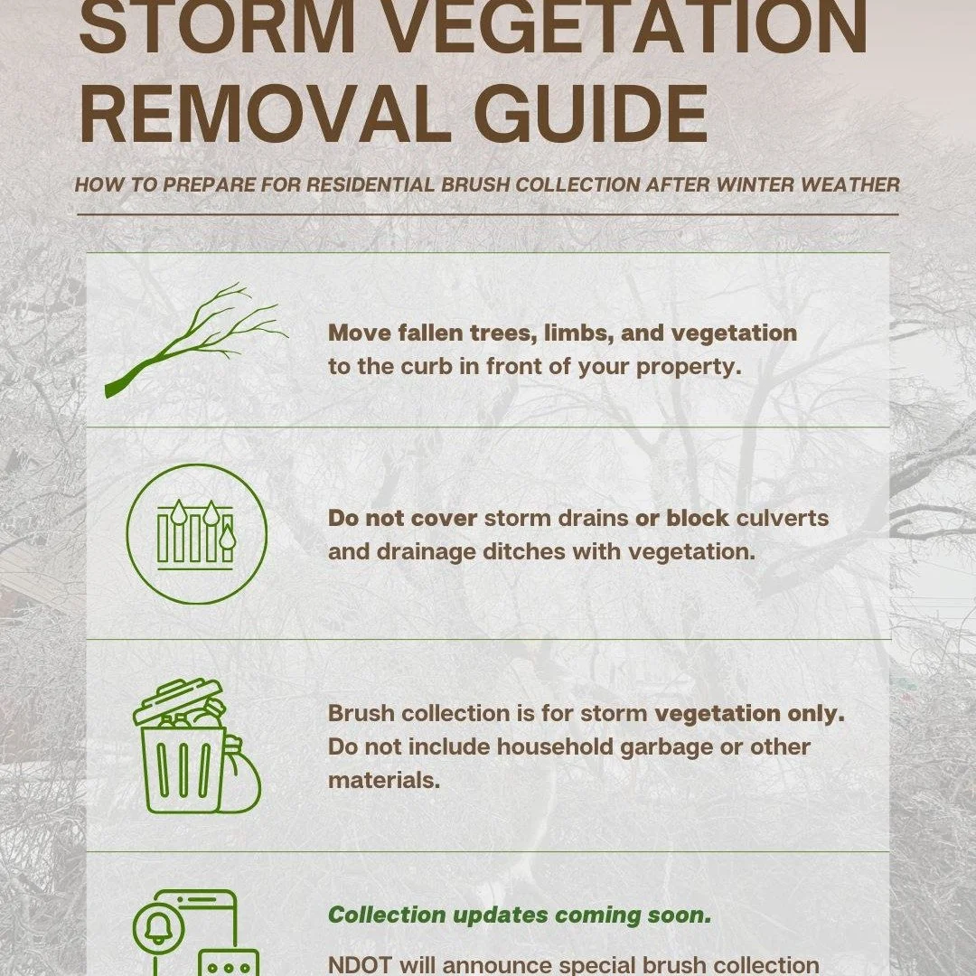 Road Clearance, Dangerous Trees, and Debris

As you&rsquo;ve seen, the major roads are relatively clear, and some secondary roads are too, but there are still many trees down as well. NDOT crews are working to clean these up, so please make way for t
