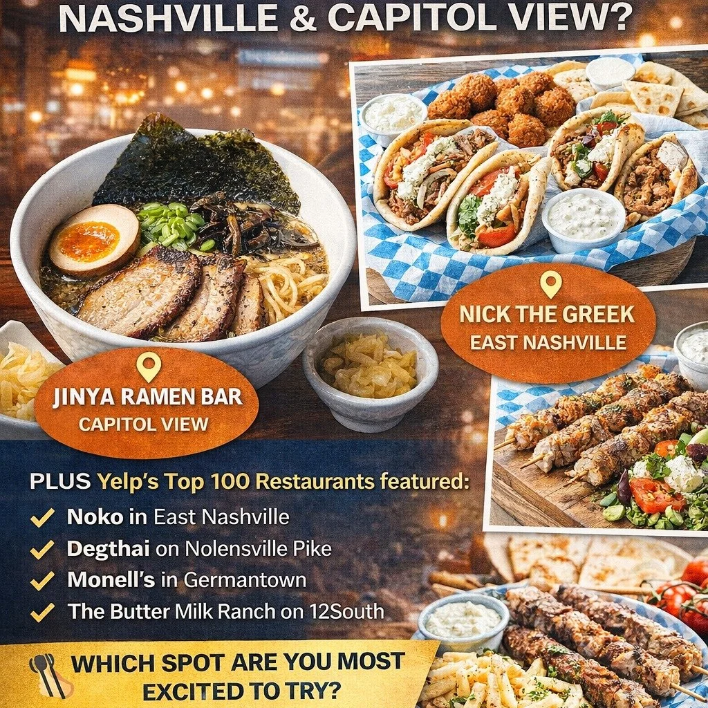 🍽️ Restaurant Roundup: What&rsquo;s New in East Nashville &amp; Capitol View

Nashville&rsquo;s food scene keeps growing &mdash; and East Nashville and Capitol View are the latest areas to watch.

✨ New to the mix:

Jinya Ramen Bar opens Feb. 5 in C