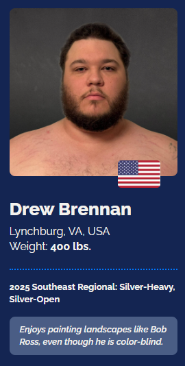Portrait of Drew Brennan, a shirtless man with a beard, against a dark background, displaying his name, location, weight, and competition details, along with a small American flag icon.