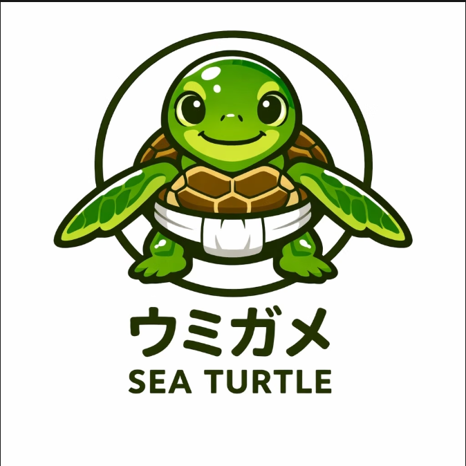 A cute cartoon sea turtle with a smiling face, standing on its hind legs, with green flippers and a brown shell, surrounded by a circle. Beneath it, there are Japanese characters and the words "SEA TURTLE".