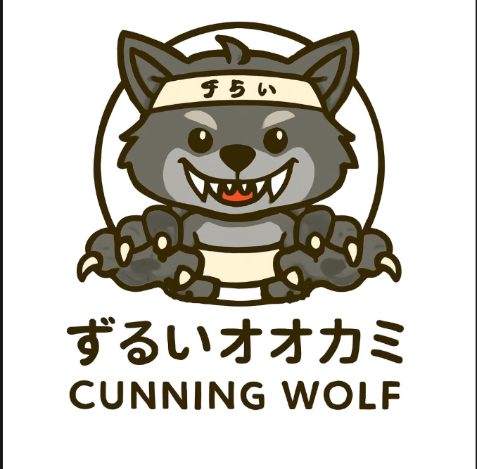 Cartoon gray wolf with a mischievous expression, sharp teeth, and claws, wearing a headband, with Japanese text and the English words "Cunning Wolf" below.