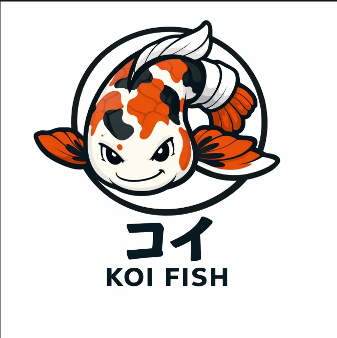 Cartoon image of a Koi fish with a mischievous expression, inside a circular frame, with Japanese characters and the words 'KOI FISH' below.