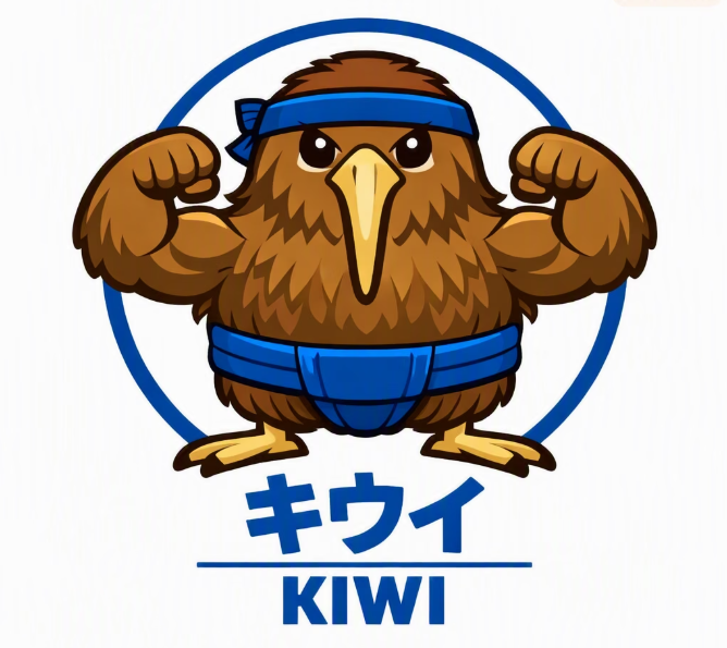 Cartoon kiwi bird wearing a blue headband and boxing shorts, with its arms flexed in a strong pose. Japanese characters and the word 'KIWI' are written below.