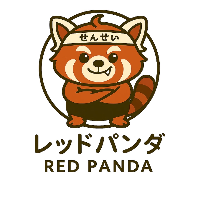 Illustration of a red panda with crossed arms, wearing a headband with Japanese characters, and the text "Red Panda" in both Japanese and English.