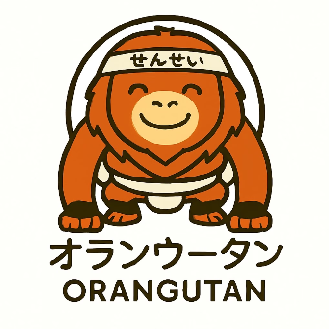 A cute cartoon orangutan with a smiling face, wearing a headband with Japanese characters, and the words "ORANGUTAN" and Japanese text below.