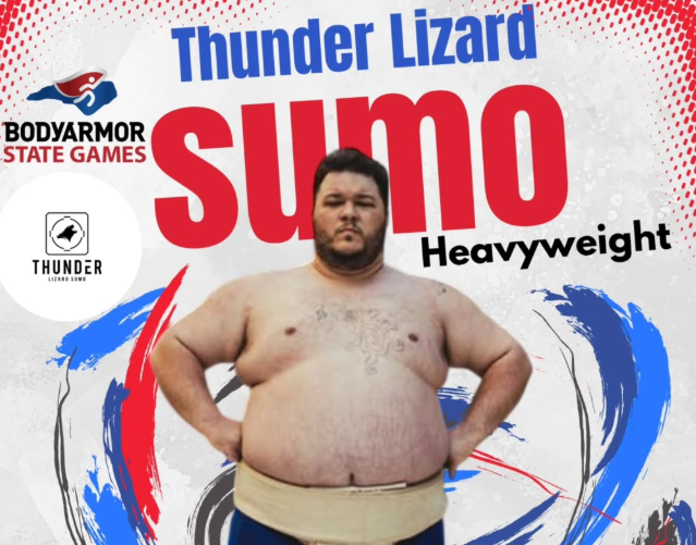 Promotional poster for Thunder Lizard Sumo Heavyweight competition at the BodyArmor State Games, showing a large man with tattoos and a beige sumo belt.