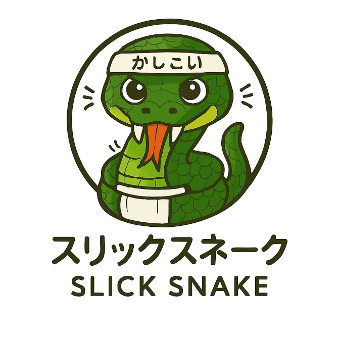 A cartoon snake with a green body, wearing a white headband with Japanese characters, a scarf, and a white apron, in a circular frame. The snake has large eyes, a tongue sticking out, and is smiling, with Japanese text and the words "SLICK SNAKE" below.