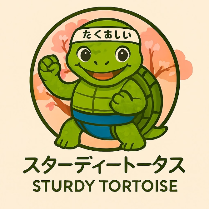 A cartoon turtle with a happy face, wearing a headband with Japanese characters, standing in front of pink cherry blossoms, with fists raised. The text says "STURDY TORTOISE" and Japanese characters, "たくあしい" and "スターディートータス."