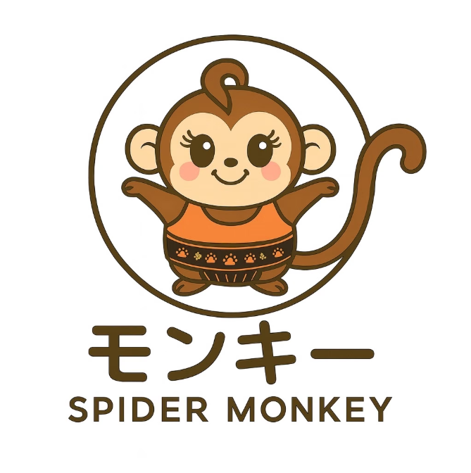 Cartoon monkey with a smiling face, wearing an orange shirt and black shorts with orange paw prints, standing inside a circle, with Japanese characters and the words 'Spider Monkey' below.