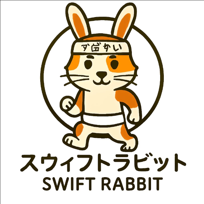 A cartoon illustration of a rabbit dressed as a sumo wrestler, wearing a headband. The rabbit is standing in a fighting stance with one fist raised. There is Japanese text on the headband, and the image includes Japanese characters and the English words "SWIFT RABBIT" below the illustration.