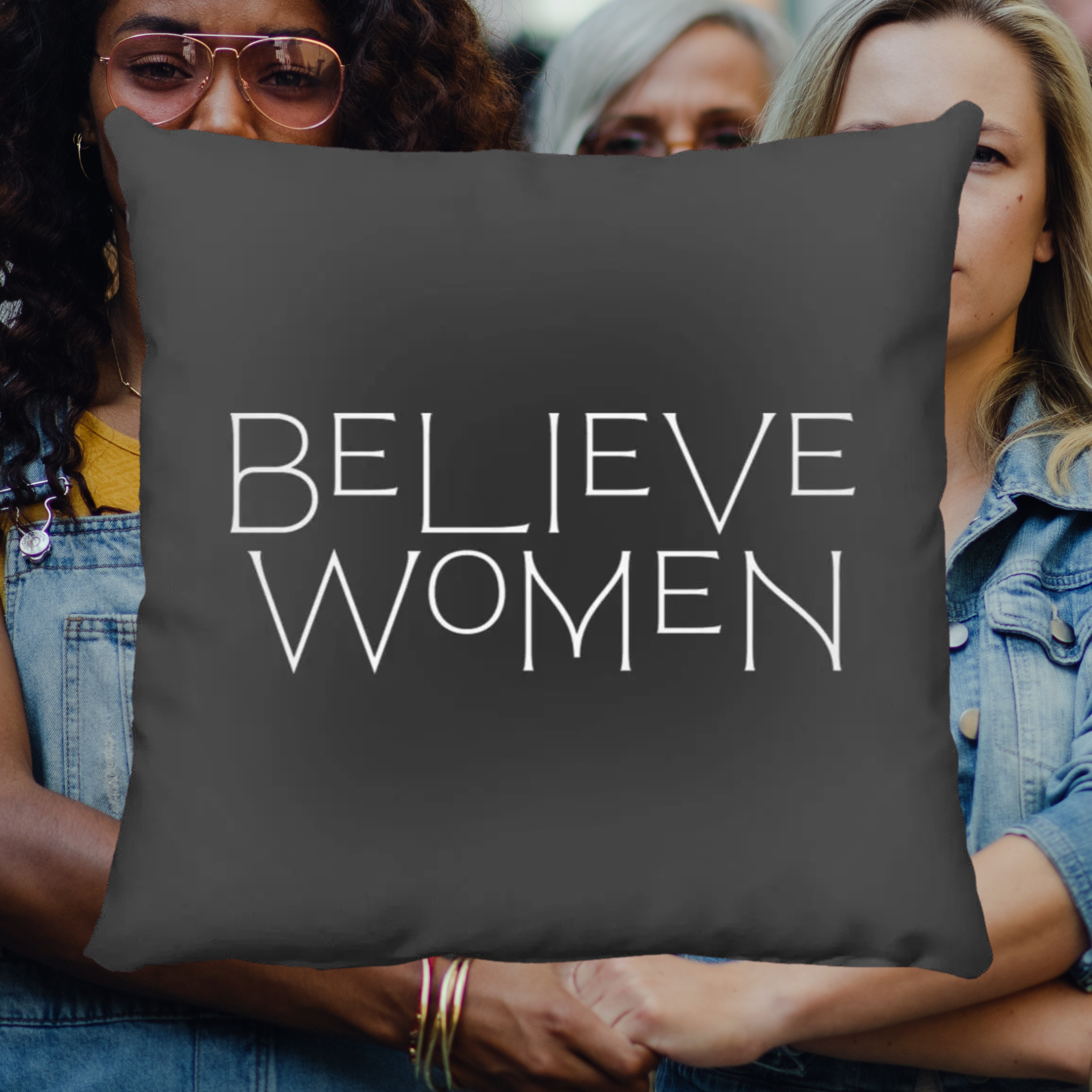 Believe Women Throw Pillow in Black.png