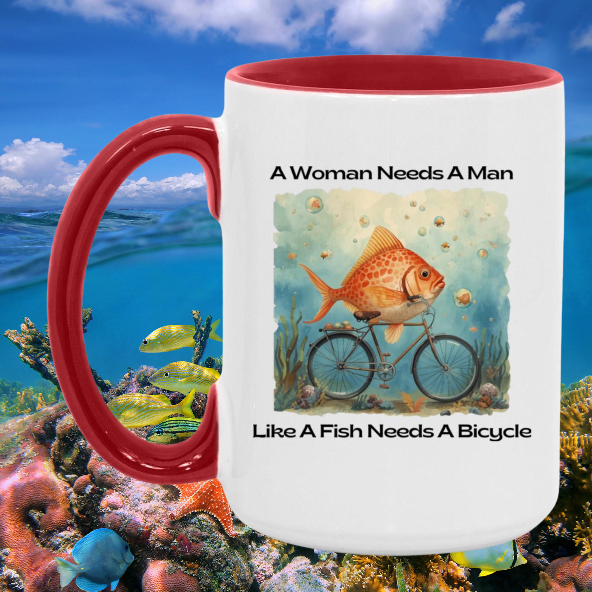 A Woman Needs a Man Like a Fish Needs a Bicycle Mug In Red.png