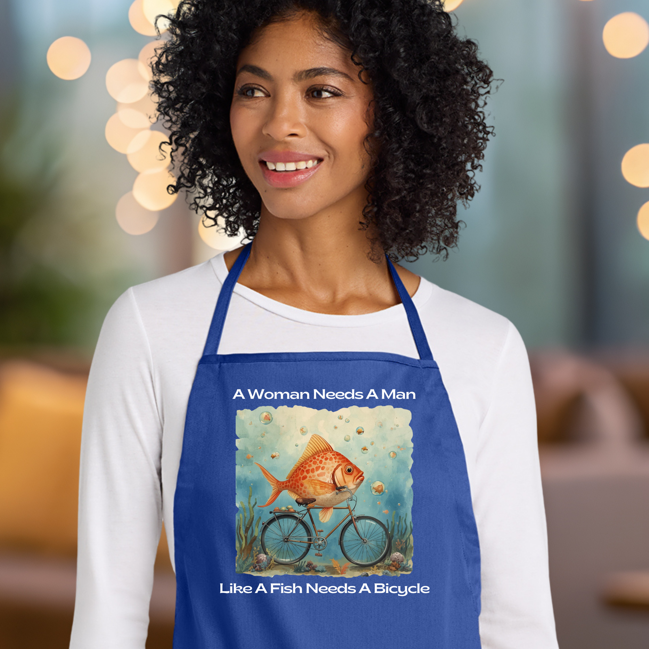 A Woman Needs a Man Like a Fish Needs a Bicycle Apron In Royal.png