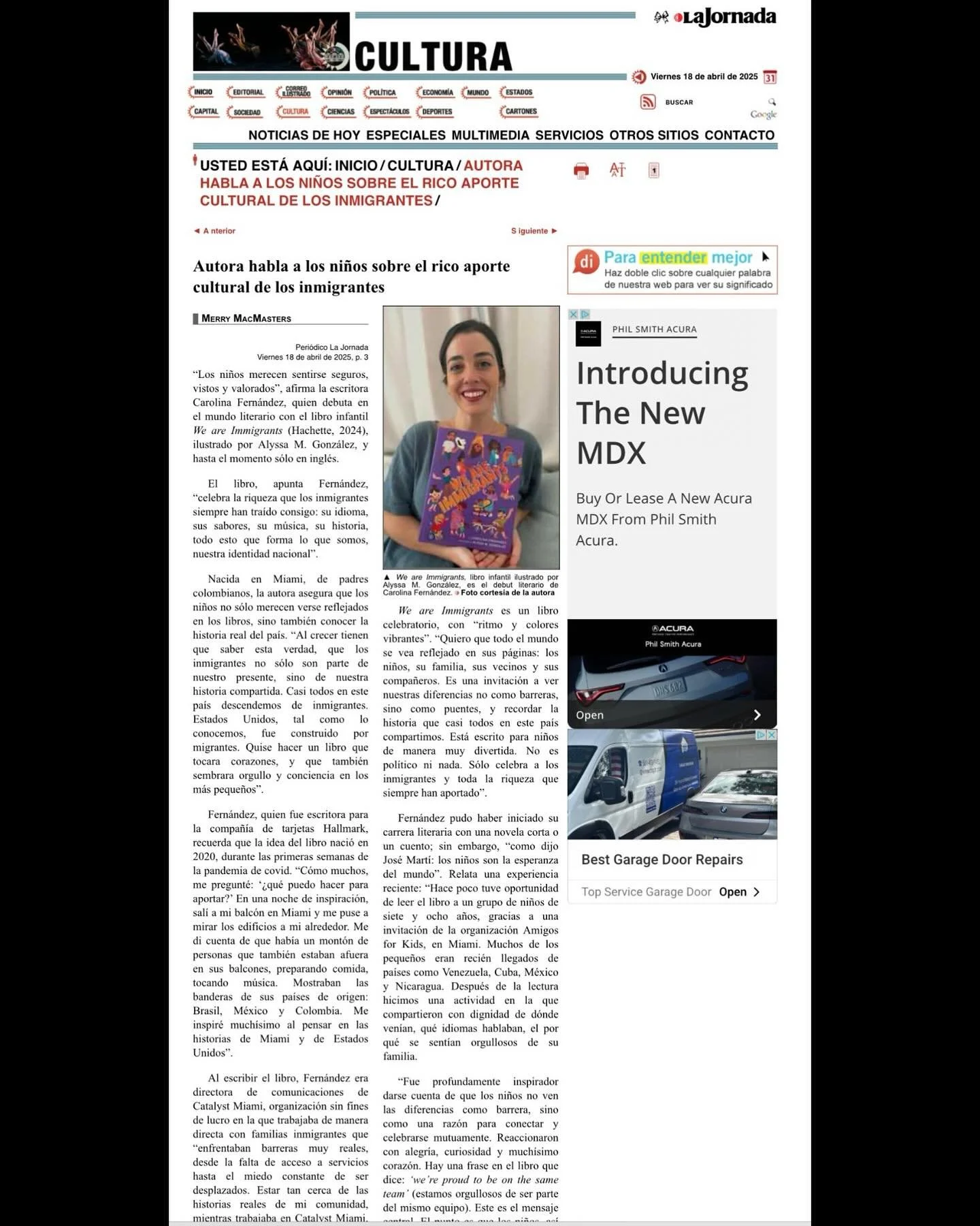 Swipe for the English translation of the article! 👉

La semana pasada tuve el honor de platicar con @lajornadaonline sobre el libro que @alyssamariag y yo creamos de coraz&oacute;n. Agradezco much&iacute;simo a todos quienes han recibido #WeAreImmig