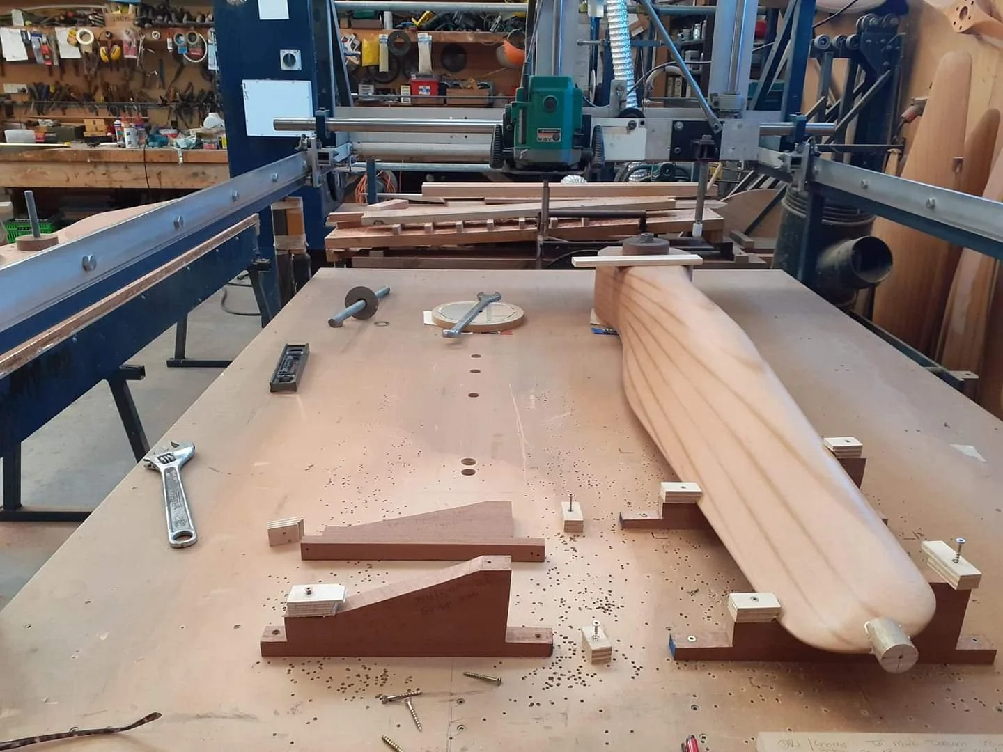 Getting the copy-router ready with a blank for a Fokker DR1 propeller