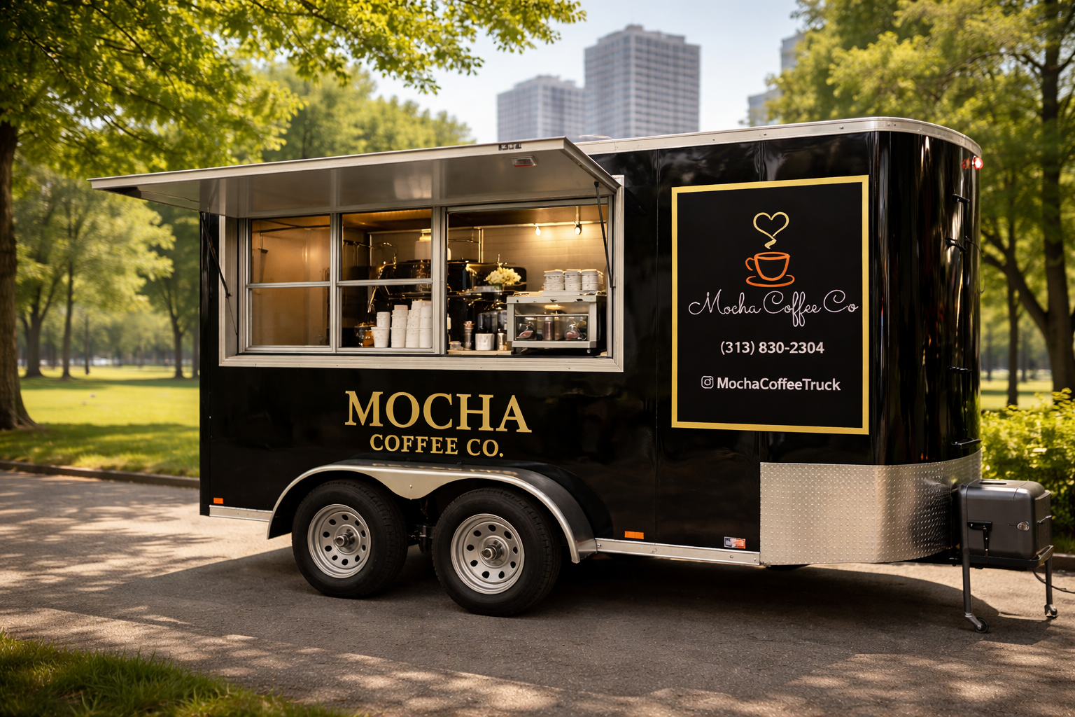 Mocha Coffee Co mobile coffee trailer set up outdoors in Detroit with sunny skies, trees, and city buildings in the background.