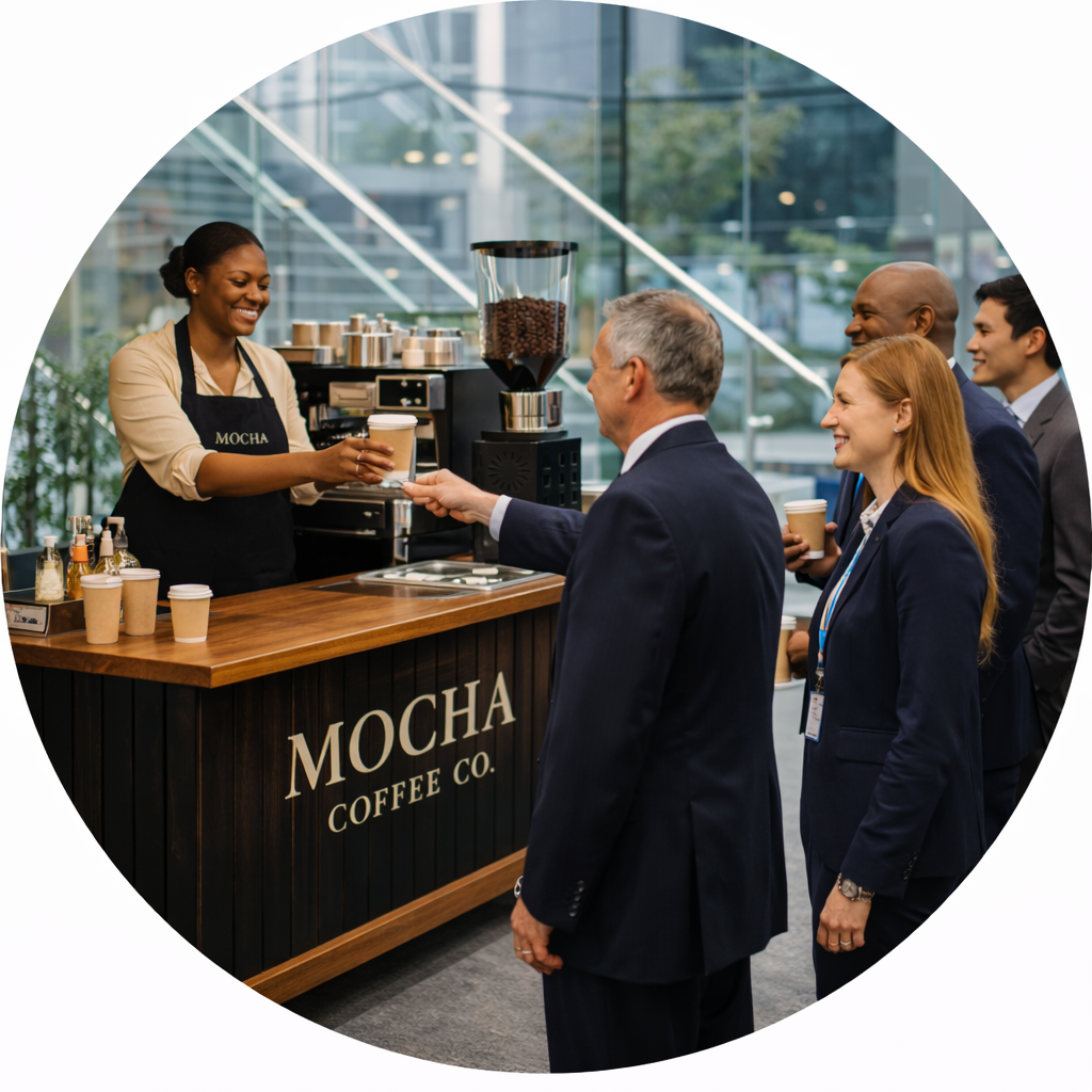 Mocha Coffee Co mobile coffee cart serving guests at a corporate office event in a modern glass lobby in Detroit