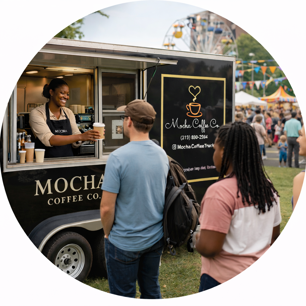 Mocha Coffee Co mobile coffee trailer serving guests at an outdoor Detroit festival
