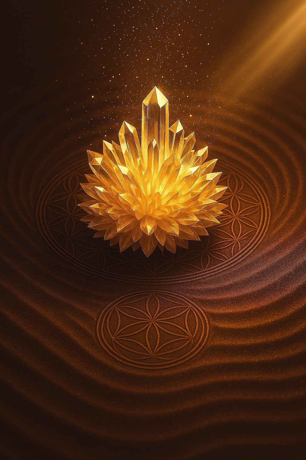 A luminous crystal cluster atop a Flower of Life pattern, illuminated by golden rays and ethereal sparkles.  This image embodies Qinity Studio's mission: merging quantum frequency and crystal energy to ignite your energy and transform your life in TO