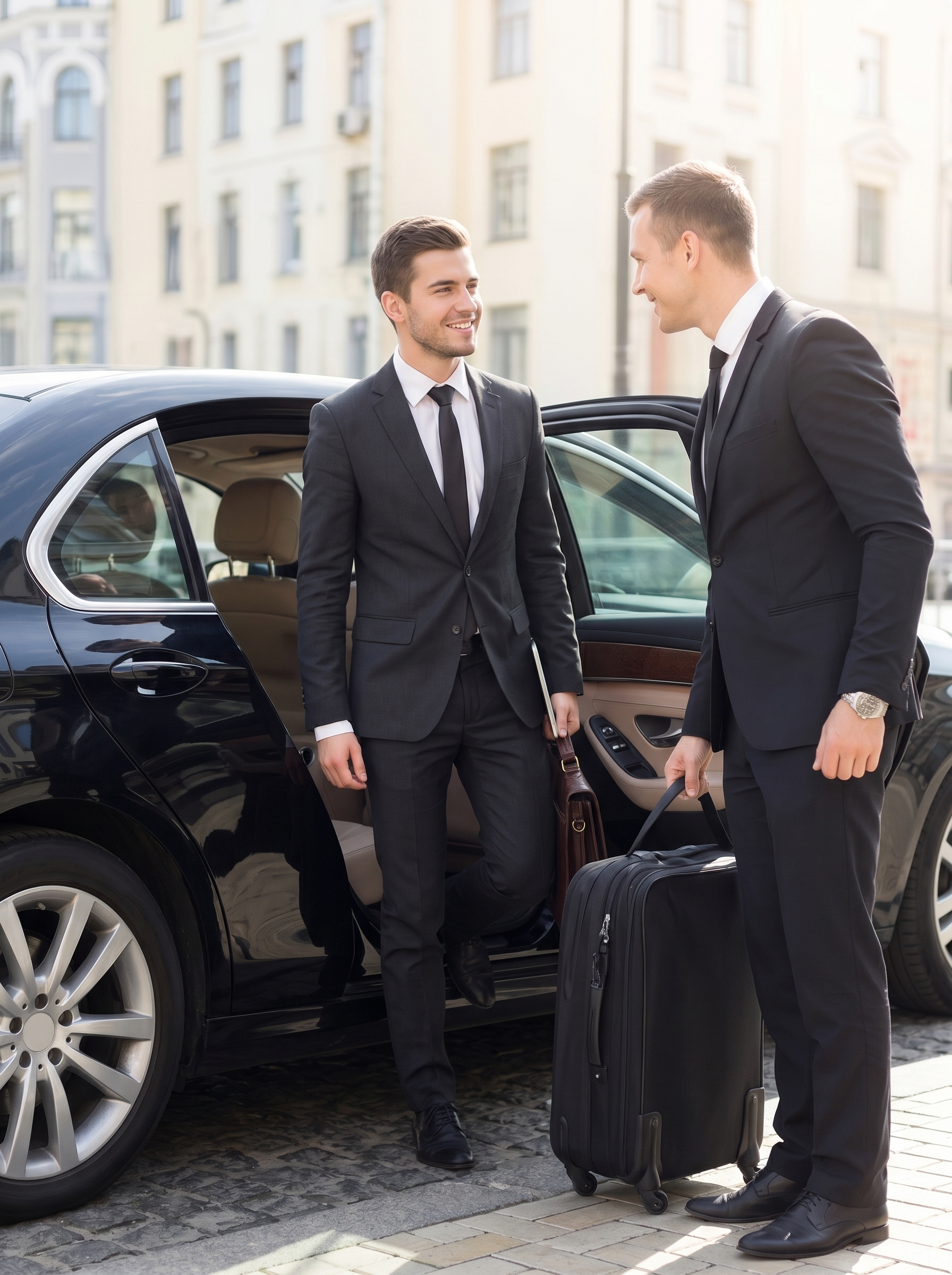 Business traveler riding in professional chauffeurs car on way to airport