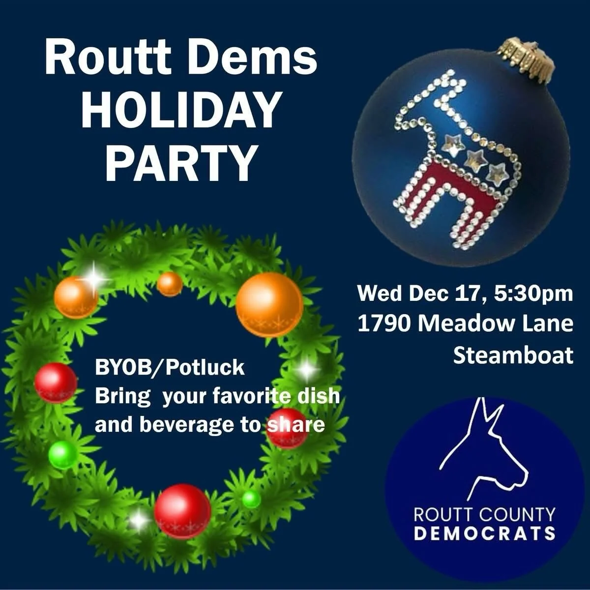 TONIGHT! Routt Dems Fun &amp; Festive Holiday Party!
Wednesday, December 17th
5:30 pm
1790 Meadow Lane, Steamboat
😊 Please bring a favorite dish and beverage to share 🍷
Parking info: Please park on 1790&rsquo;s side of the street or in 1790&rsquo;s
