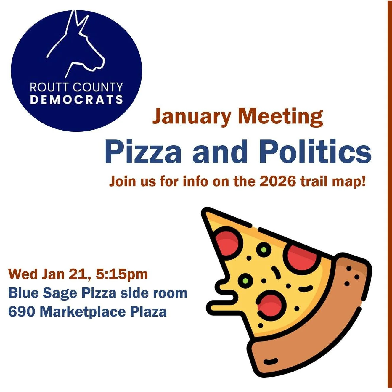 TONIGHT! Routt Dems Jan 2026 Meeting: Pizza &amp; Politics
Get energized for 2026! Join the Routt Dems for a fun and informative trail map for 2026! This is a great opportunity to share your voice and ideas about Team Dems 2026 action items!
Plus che