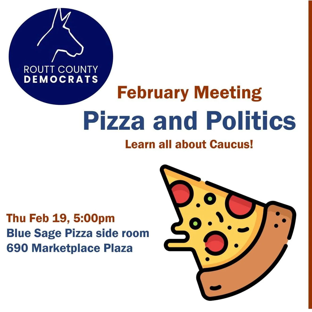 TODAY! Routt Dems Feb 2026 Pizza &amp; Politics Meeting

Pizza &amp; Politics are the best!  Now is the time to get excited about your favorite candidates for the June Primary Election, and yes, that starts with Caucus😊  This will be a fun and engag