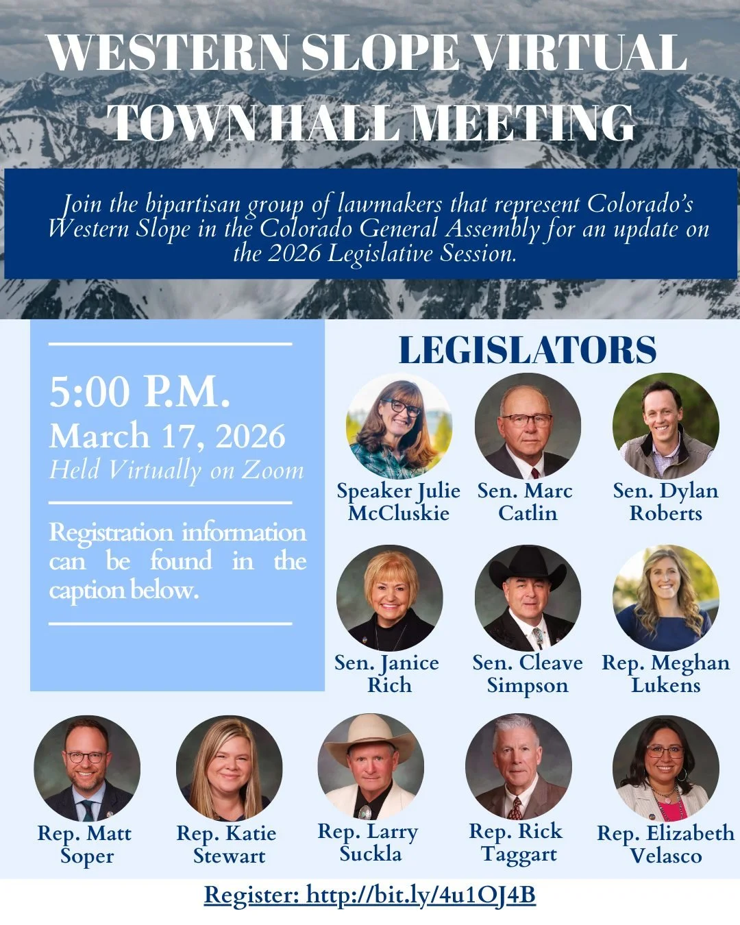 Colorado Western Slope Legislatures are the best!  @State Senator Dylan Roberts  @Representative Meghan Lukens 
Register at:  https://us06web.zoom.us/meeting/register/nnPmN1qZRlObVdnVWM2NOQ#/registration
