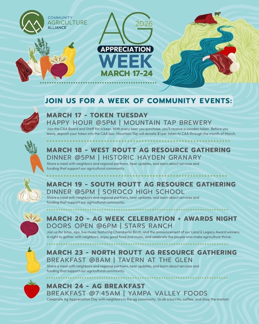 Join Community Agriculture Alliance for a week-long 🎉celebration of agriculture🐄 in the Yampa Valley!  #RouttDems sends our super thanks to all of our amazing local agriculture producers and agriculture community!