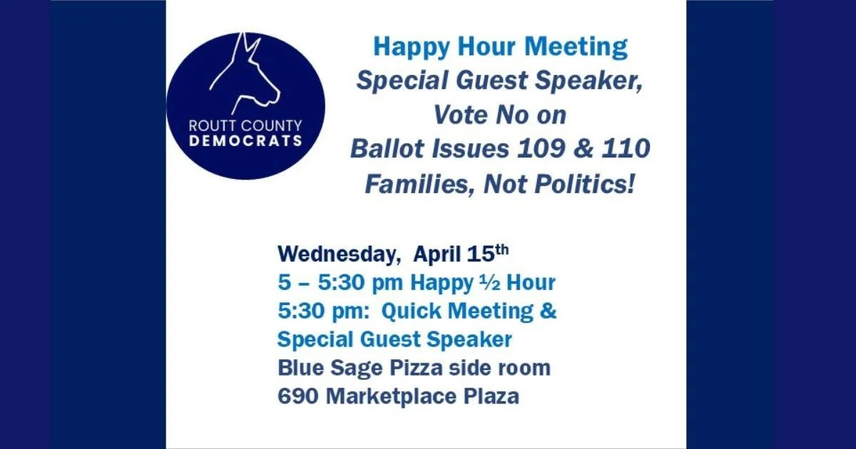 Happy Hour Meetings are the best!  Now is the time to get information about two deceptive and harmful ballot issues.  Special Guest Speaker will talk about Ballot Issues 109 &amp; 110 and how you can champion families not politics  on the 2026 ballot