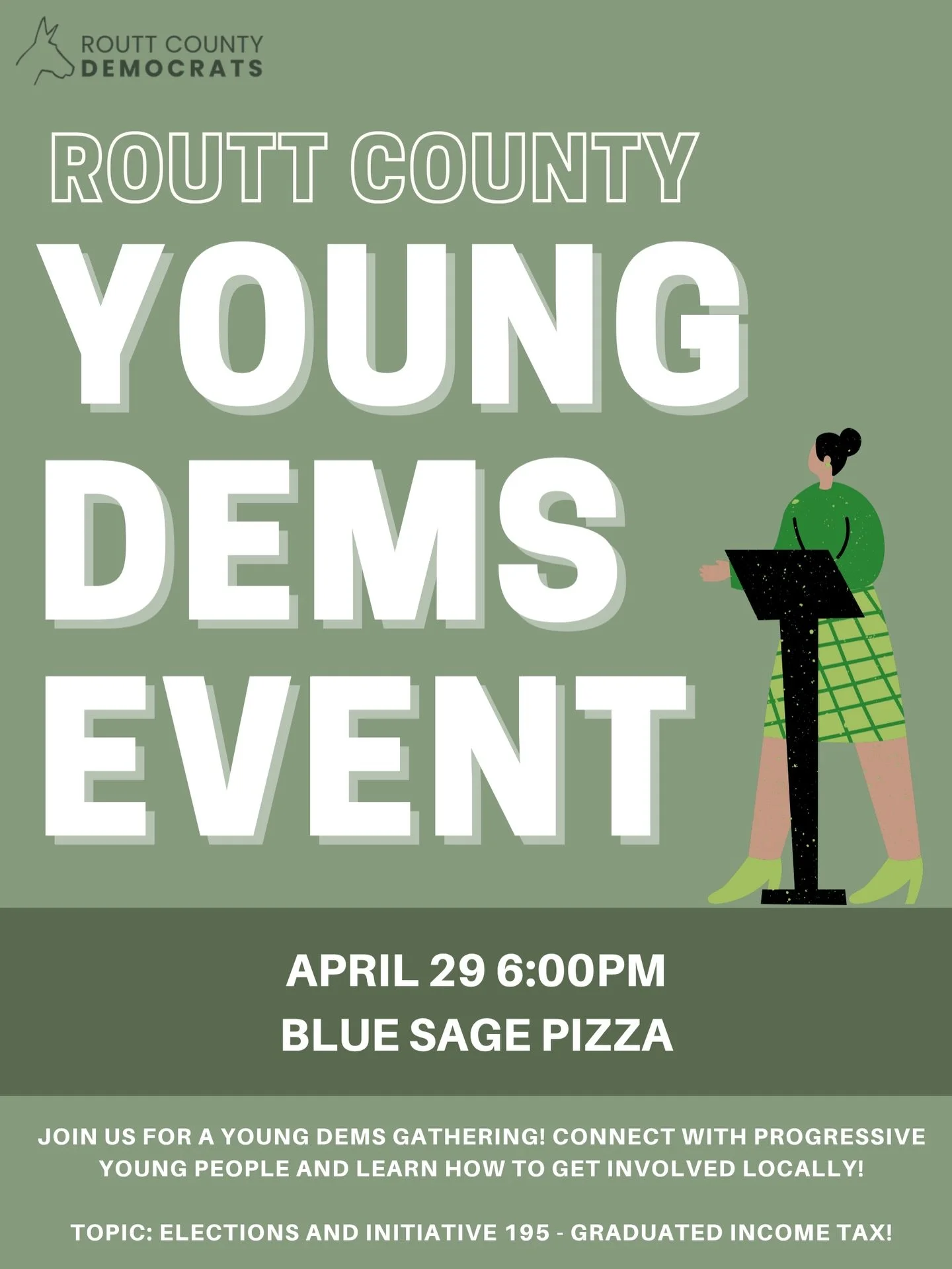 Our next Routt County Young Dems gathering is April 29th at 6:00 PM at Blue Sage Pizza. This one has a specific focus: learning about Initiative 195, Colorado&rsquo;s proposed graduated income tax, and signing the petition to get it on the November b
