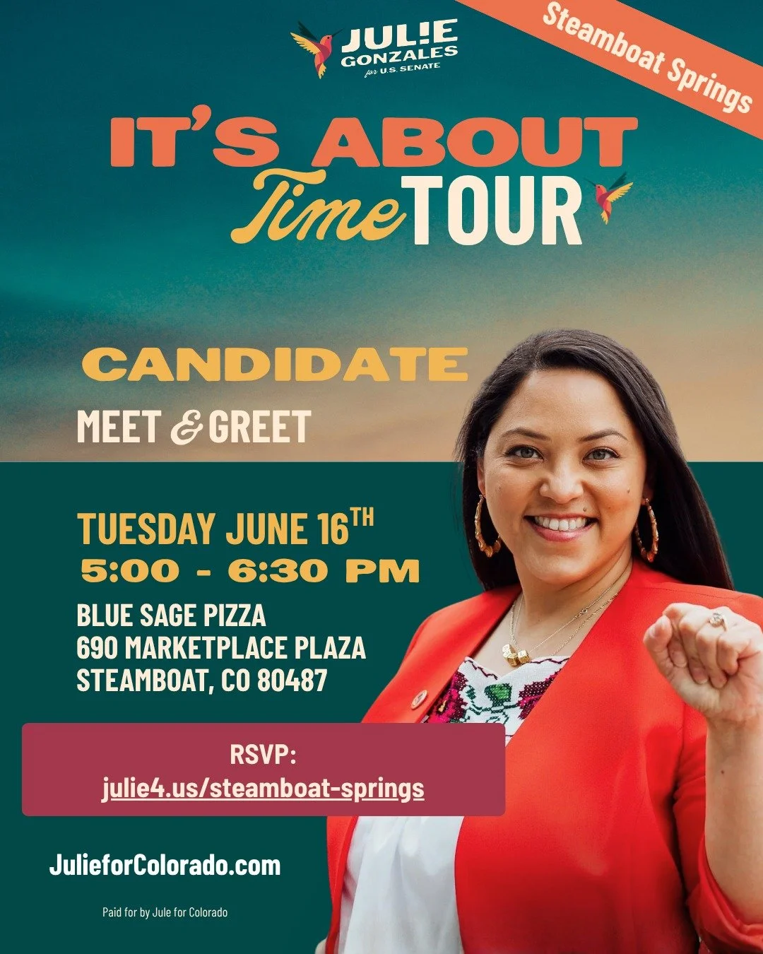 Team Routt Dems equally and enthusiastically support all Democratic Party Primary Election Candidates!  RSVP to United States Senator Candidate Senator Julie Gonzales local Meet &amp; Greet at https://www.julie4.us/steamboat-springs