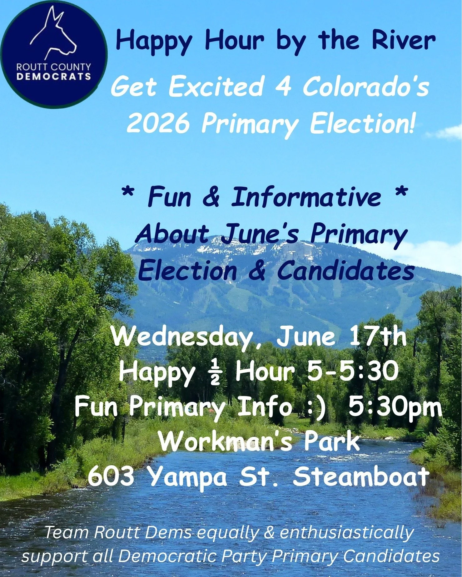 Happy Hours by the river are the best!! Join the fun and share your great energy for the 2026 Colorado Primary Election!  #RouttDems