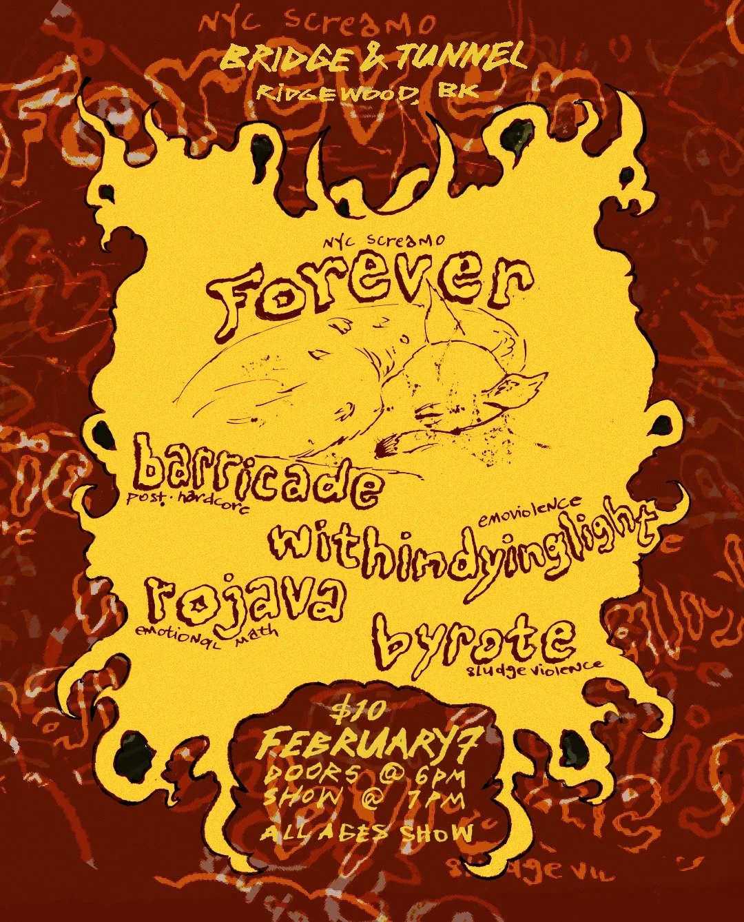 did a redesign/mockup flyer of a bridge and tunnel show from february :3 
would love to work on poster commissions for local bands and shows