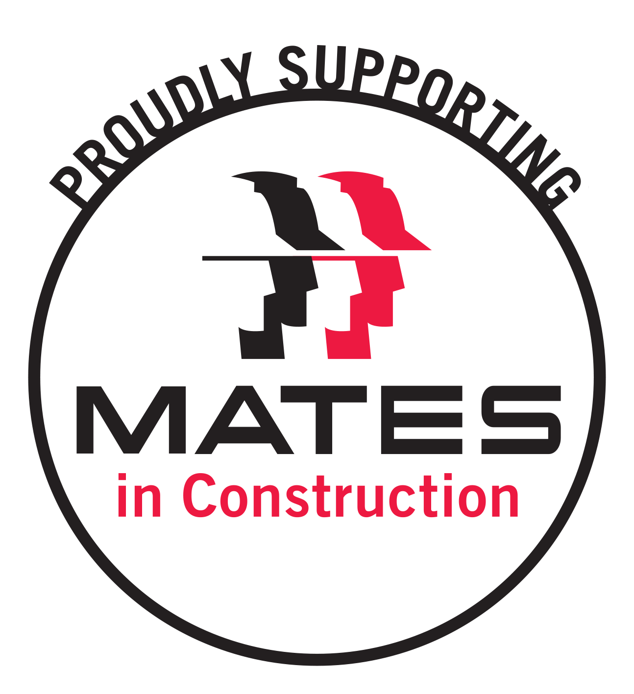 MATES in Construction logo with black and red abstract faces and text "Proudly Supporting."