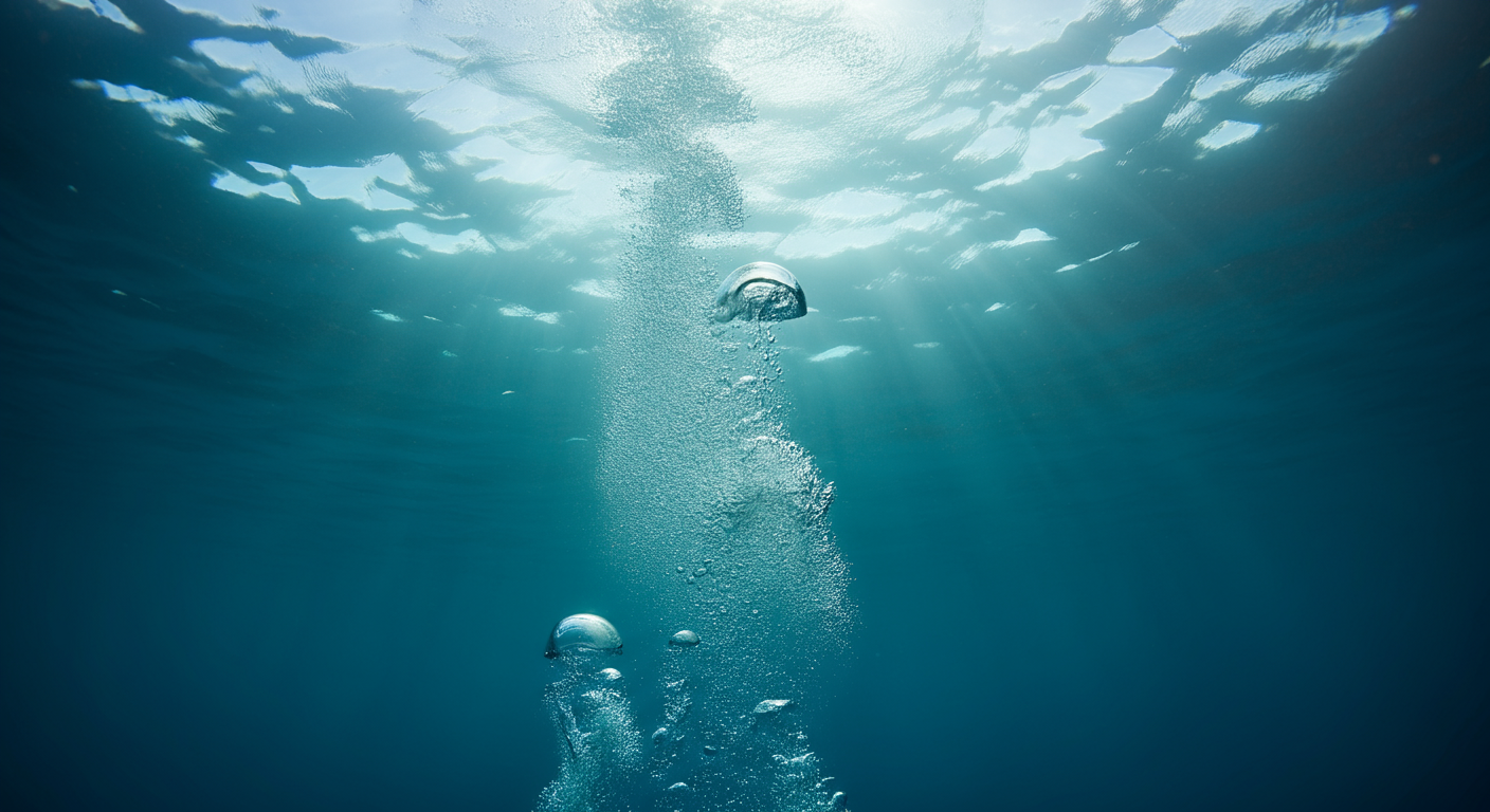 Underwater scene with a stream of bubbles rising to the surface, sunlight penetrating the water, creating rays.