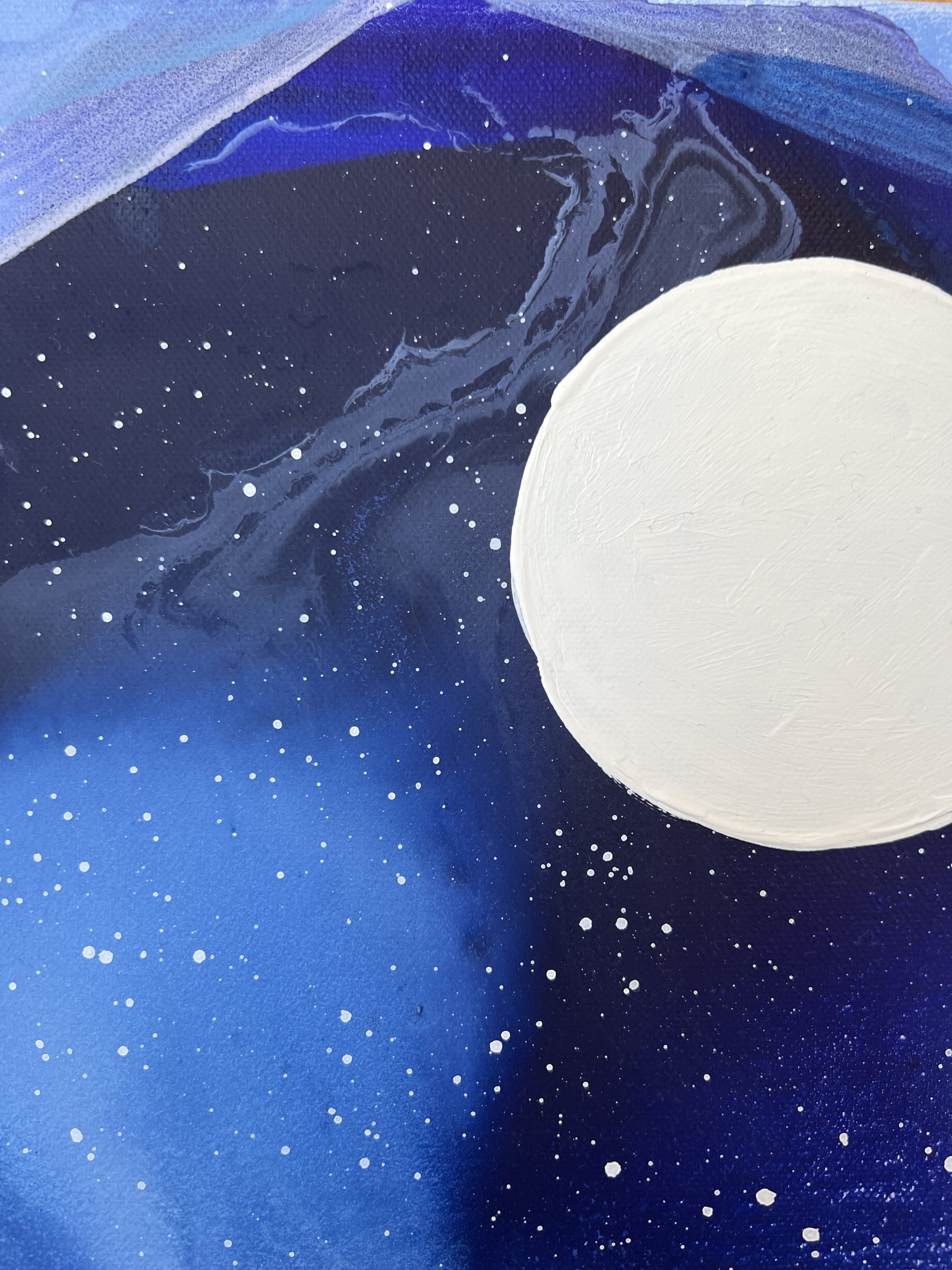 Abstrakte Kunst mit einem großen weißen Kreis, der einen Mond darstellt, umgeben von dunklen, blauen und violetten Farbtönen mit vielen kleinen weißen Punkten, die Sterne darstellen.